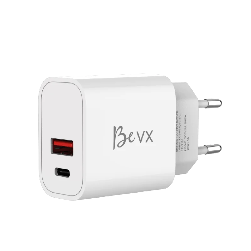 Carregador de parede com 1 porta USB + 1 Type-C - BeVX - Branco